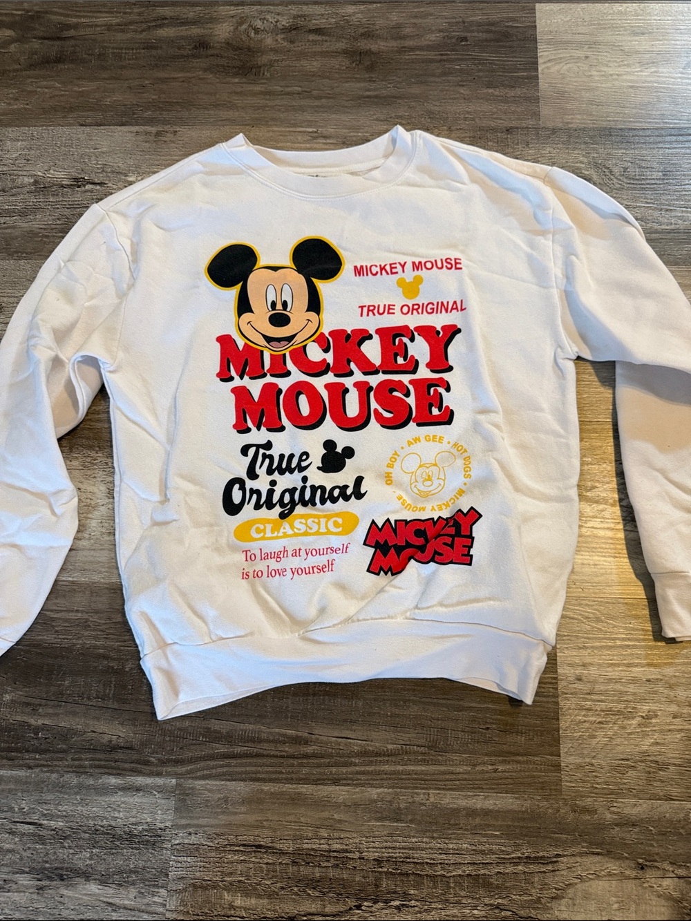 Disney White Mickey Mouse Graphic Sweatshirt with Red and Yellow Accents